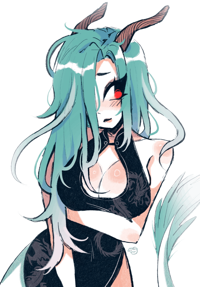 Shy pale girl with dragon horns and aquamarine colored hair, left eye visible, right eye covered by hair.